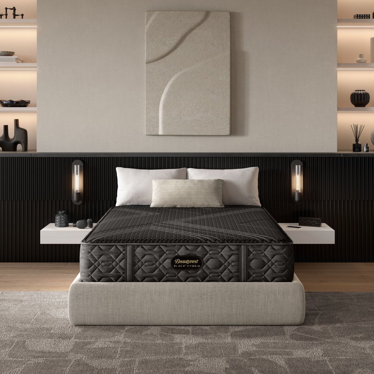 BeautyRest Plush Hybrid mattress sitting in a beige bed frame || series: Series One || feel: Plush