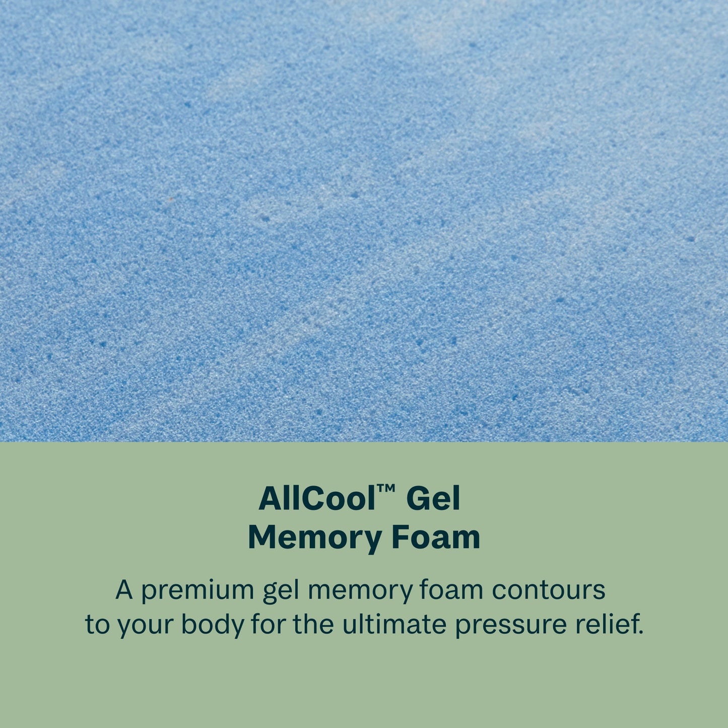 Blue gel memory foam with text about Beautysleep AllCool Gel Memory Foam on a green background