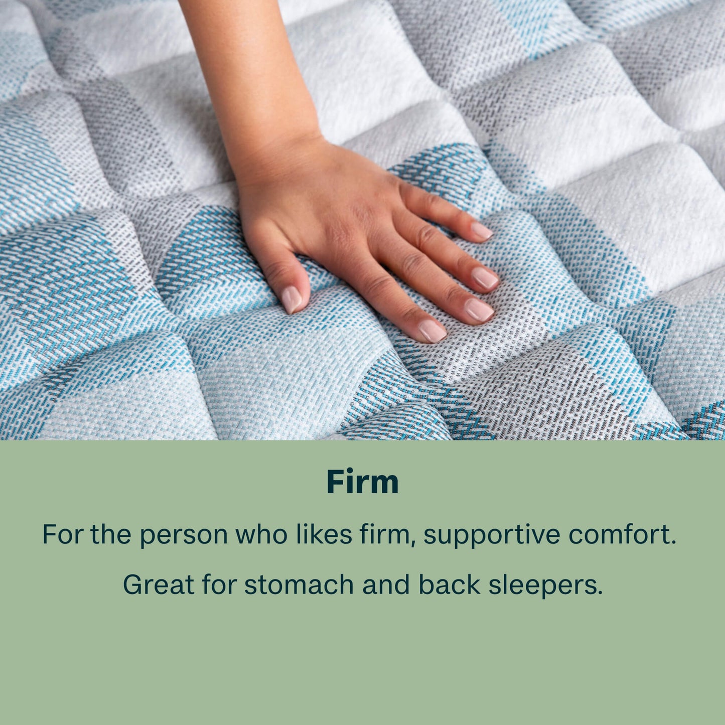 Hand on a textured mattress with text describing firm support for sleepers.