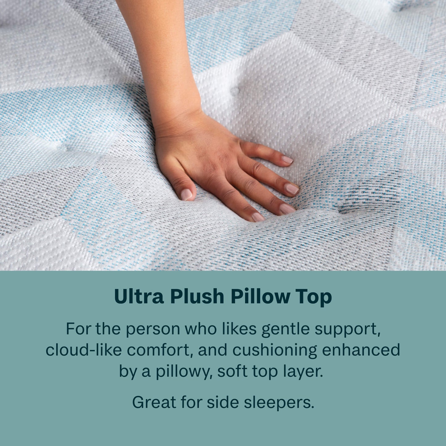 Hand on a textured pillow top with descriptive text about its features.