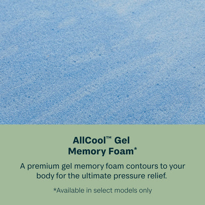 Blue gel memory foam with text about AllCool Gel Memory Foam on a green background