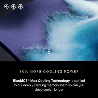 Advertisement for BlackICE Max Cooling Technology with a close-up of a pillow and cooling foam.