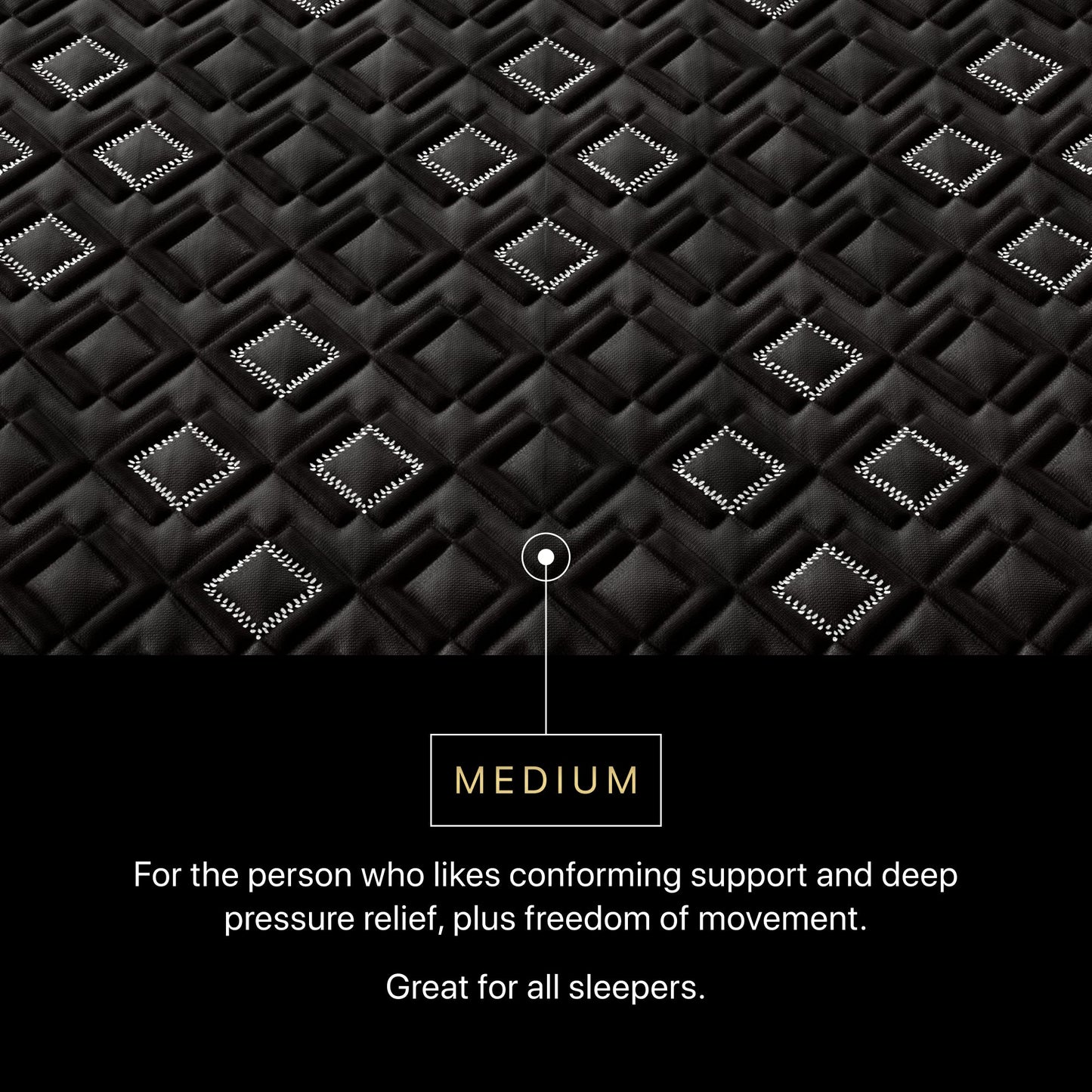 Text on a black textured background describing medium support and deep pressure relief.