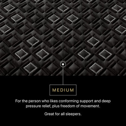 Text on a black textured background describing medium support and deep pressure relief.