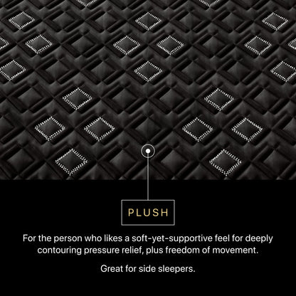Text description of Beautyrest Black Hybid XCS plush mattress topper with diamond pattern and text about its features.